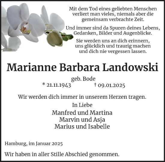 Traueranzeige von Marianne Barbara Landowski 