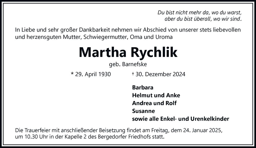  Traueranzeige für Martha Rychlik vom 18.01.2025 aus Bergedorfer Zeitung