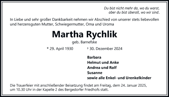 Traueranzeige von Martha Rychlik von Bergedorfer Zeitung