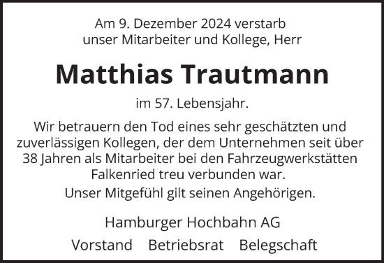 Traueranzeige von Matthias Trautmann von Hamburger Abendblatt
