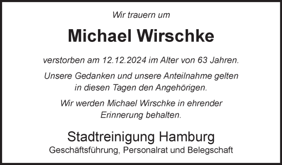 Traueranzeige von Michael Wirschke von Hamburger Abendblatt