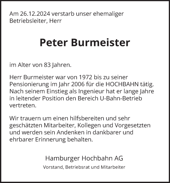 Traueranzeige von Peter Burmeister von Hamburger Abendblatt