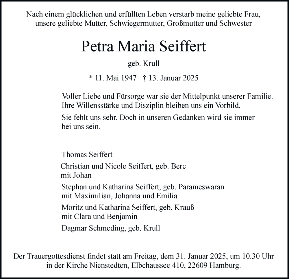  Traueranzeige für Petra Maria Seiffert vom 25.01.2025 aus Hamburger Abendblatt