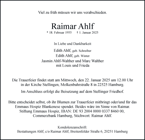 Traueranzeige von Raimar Ahlf von Hamburger Abendblatt
