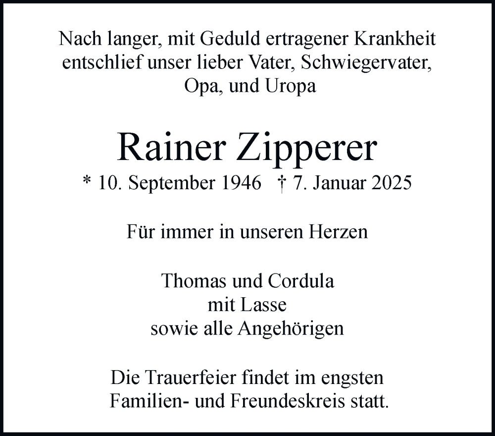  Traueranzeige für Rainer Zipperer vom 18.01.2025 aus 