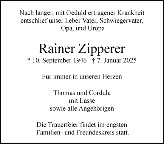 Traueranzeige von Rainer Zipperer 