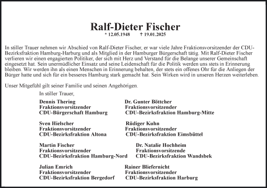 Traueranzeige von Ralf-Dieter Fischer von Hamburger Abendblatt, HA Regio Harburg, Bergedorfer Zeitung