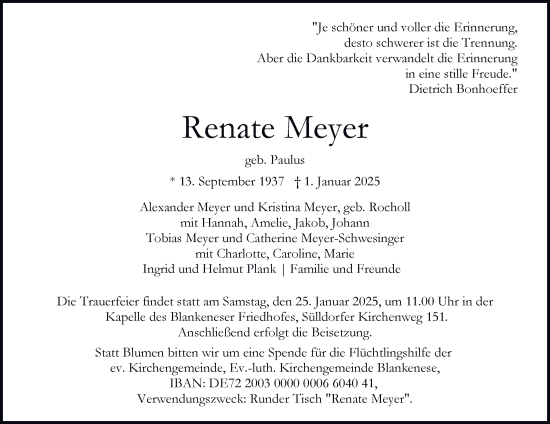 Traueranzeige von Renate Meyer von Hamburger Abendblatt