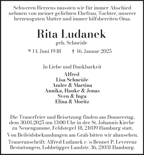 Traueranzeige von Rita Ludanek von Bergedorfer Zeitung