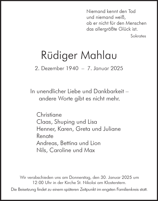 Traueranzeige von Rüdiger Mahlau von Hamburger Abendblatt