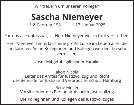 Traueranzeige von Sascha Niemeyer von Hamburger Abendblatt