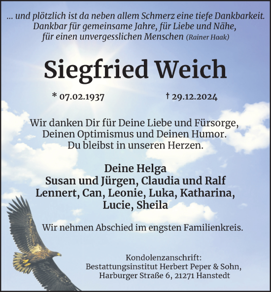 Traueranzeige von Siegfried Weich von Hamburger Abendblatt