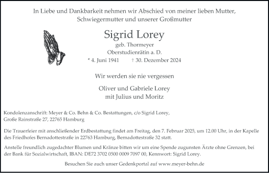 Traueranzeige von Sigrid Lorey von Hamburger Abendblatt