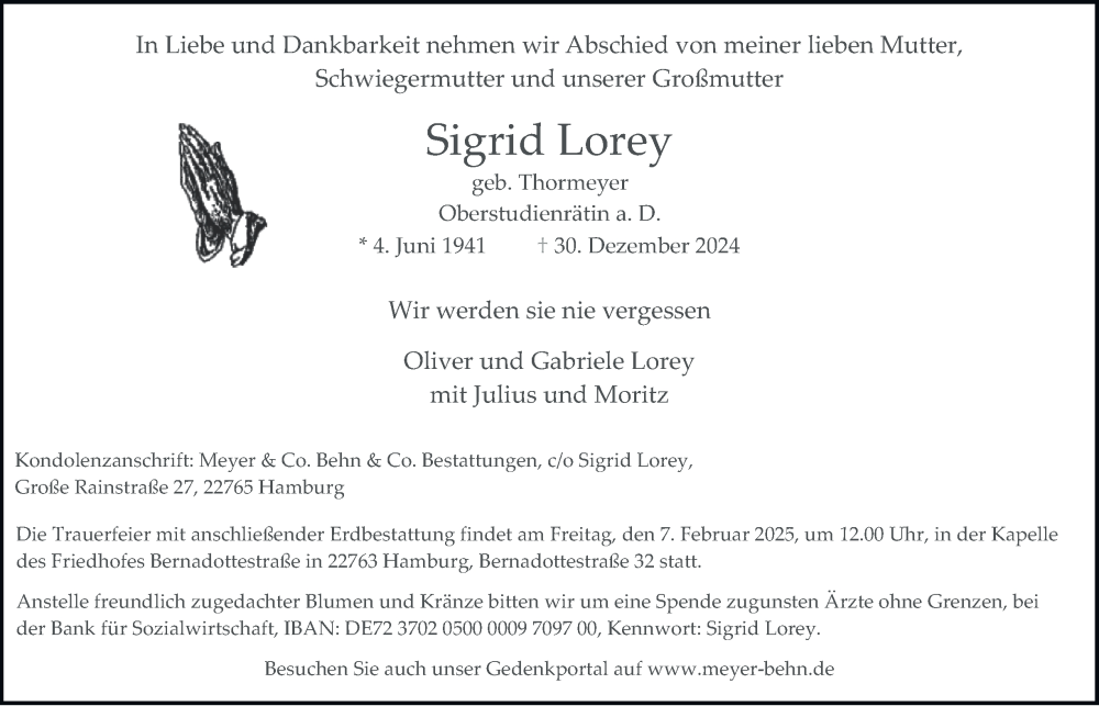  Traueranzeige für Sigrid Lorey vom 25.01.2025 aus Hamburger Abendblatt