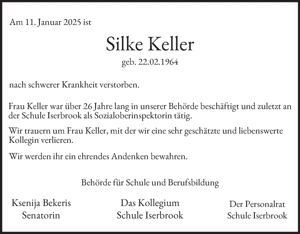  Traueranzeige für Silke Keller vom 25.01.2025 aus Hamburger Abendblatt
