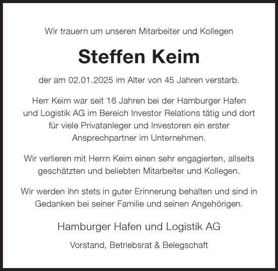 Traueranzeige von Steffen Keim von Hamburger Abendblatt