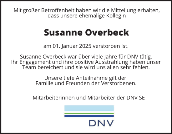 Traueranzeige von Susanne Overbeck 