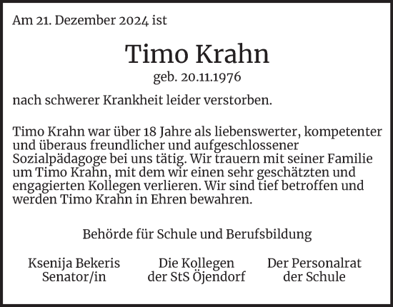 Traueranzeige von Timo Krahn von Hamburger Abendblatt