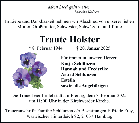 Traueranzeige von Traute Holster von Bergedorfer Zeitung