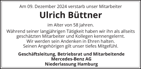 Traueranzeige von Ulrich Büttner von Hamburger Abendblatt