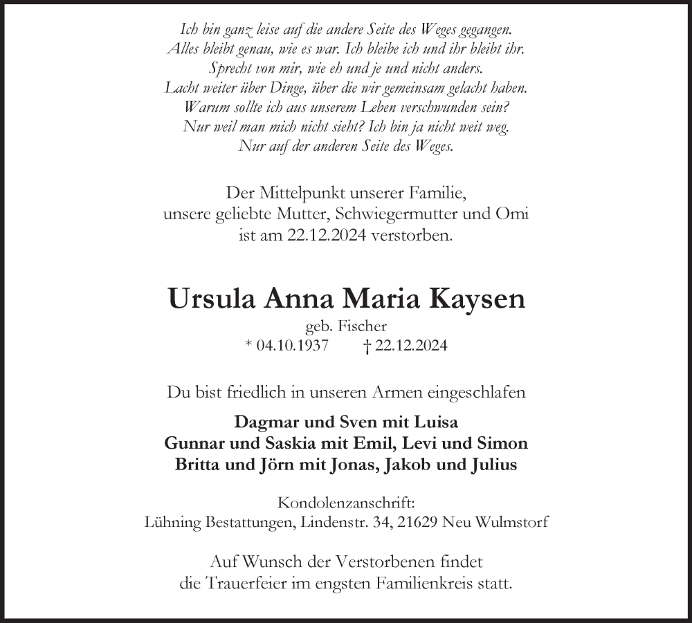  Traueranzeige für Ursula  Kaysen vom 04.01.2025 aus Hamburger Abendblatt