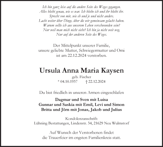 Traueranzeige von Ursula  Kaysen von Hamburger Abendblatt
