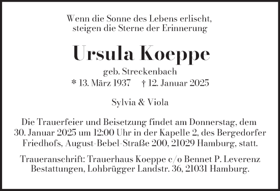 Traueranzeige von Ursula Koeppe von Bergedorfer Zeitung