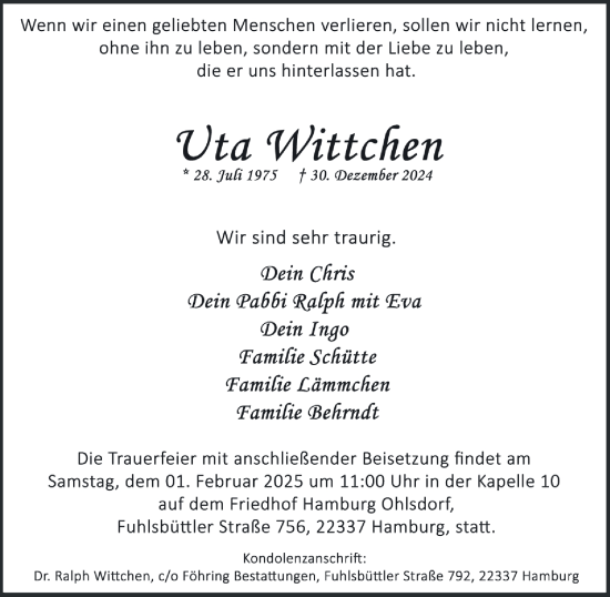 Traueranzeige von Uta Wittchen von Hamburger Abendblatt