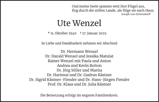 Traueranzeige von Ute Wenzel von Hamburger Abendblatt