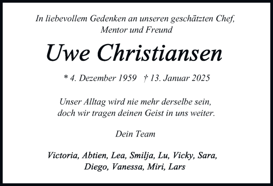 Traueranzeige von Uwe Christiansen von Hamburger Abendblatt