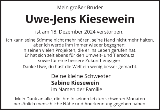 Traueranzeige von Uwe-Jens Kiesewein von Bergedorfer Zeitung