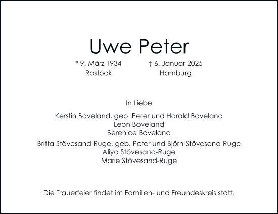 Traueranzeige von Uwe Peter von Hamburger Abendblatt