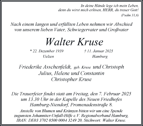 Traueranzeige von Walter Kruse von Hamburger Abendblatt