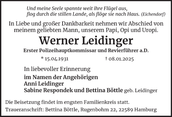 Traueranzeige von Werner Leidinger von Hamburger Abendblatt