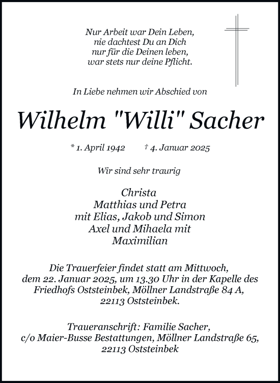Traueranzeige von Wilhelm  Sacher von Hamburger Abendblatt