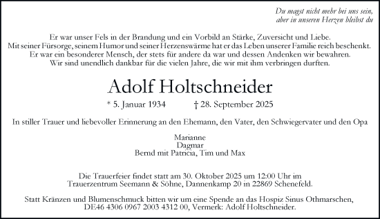 Traueranzeige von Adolf Holtschneider von Hamburger Abendblatt