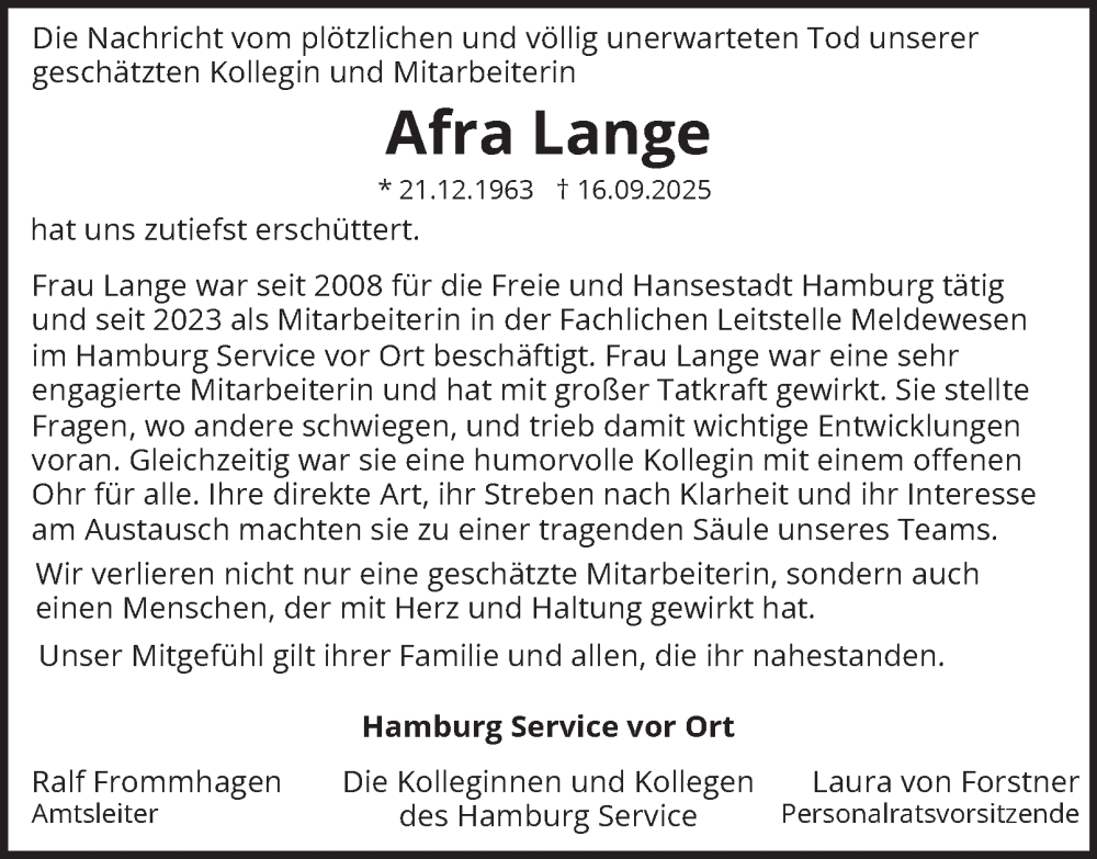  Traueranzeige für Afra Lange vom 11.10.2025 aus Hamburger Abendblatt