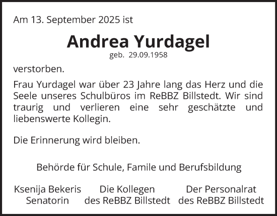 Traueranzeige von Andrea Yurdagel von Hamburger Abendblatt