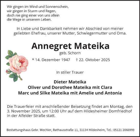 Traueranzeige von Annegret Mateika von HA Regio Pinneberg