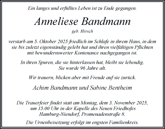 Traueranzeige von Anneliese Bandmann 