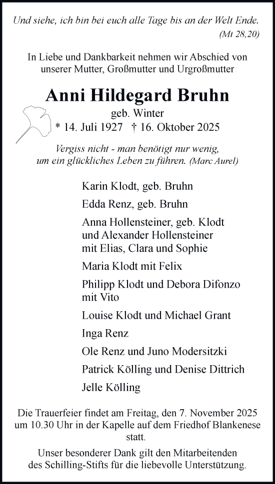 Traueranzeige von Anni Hildegard Bruhn von Hamburger Abendblatt