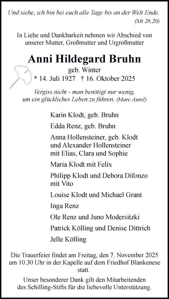  Traueranzeige für Anni Hildegard Bruhn vom 25.10.2025 aus Hamburger Abendblatt