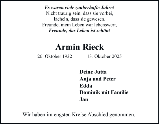 Traueranzeige von Armin Rieck von Bergedorfer Zeitung