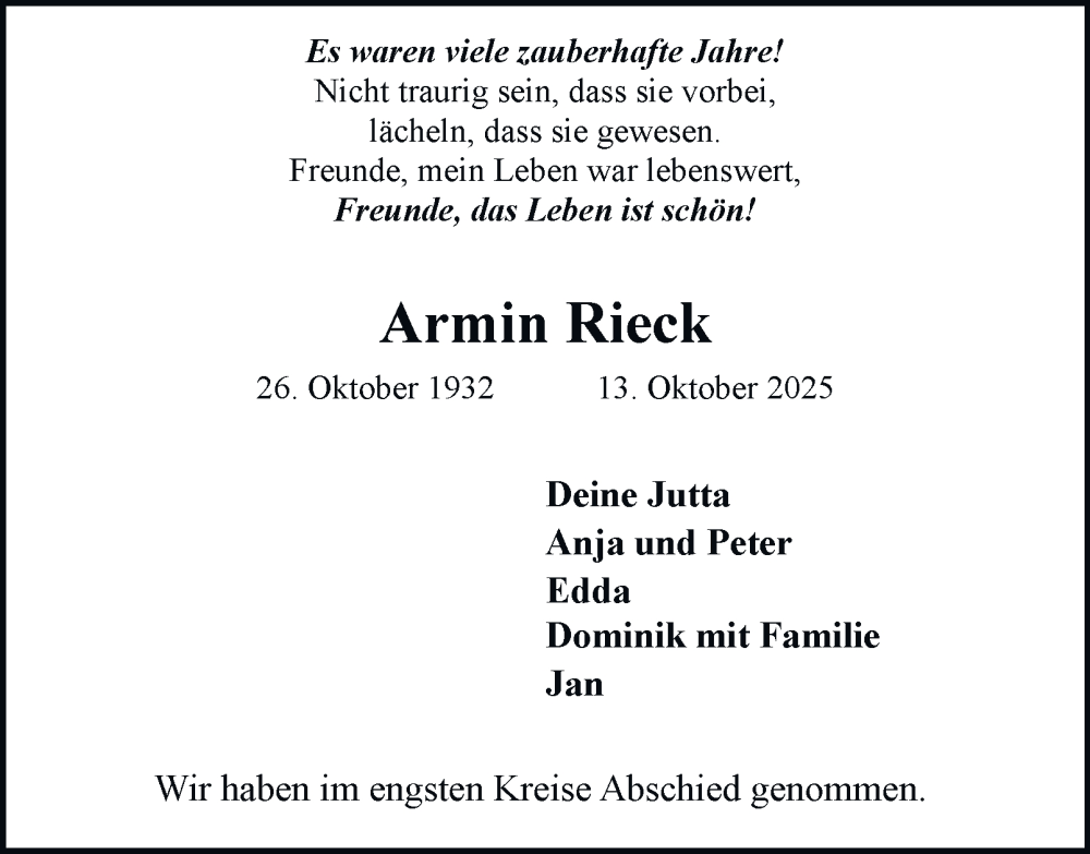  Traueranzeige für Armin Rieck vom 01.11.2025 aus Bergedorfer Zeitung