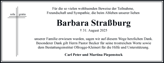 Traueranzeige von Barbara Straßburg von Bergedorfer Zeitung