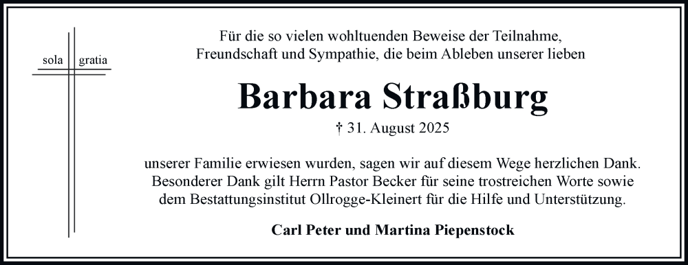  Traueranzeige für Barbara Straßburg vom 04.10.2025 aus Bergedorfer Zeitung