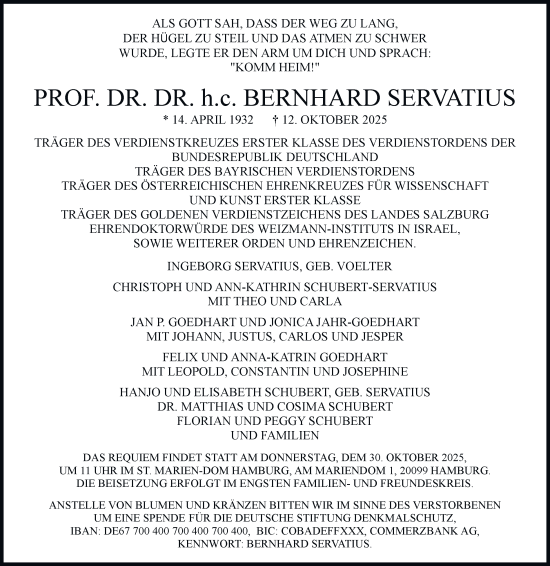 Traueranzeige von Bernhard Servatius von Hamburger Abendblatt