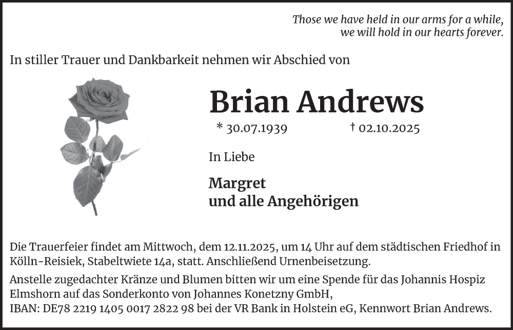 Traueranzeige für Brian Andrews vom 25.10.2025 aus Hamburger Abendblatt