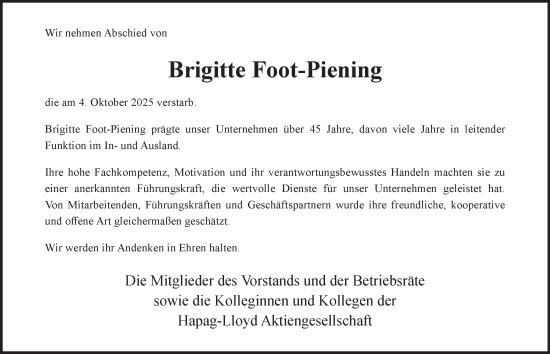 Traueranzeige von Brigitte Foot-Piening von Hamburger Abendblatt