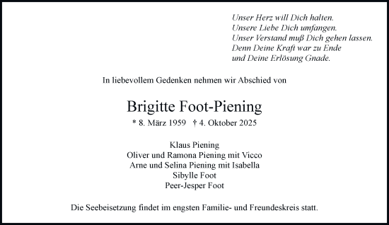 Traueranzeige von Brigitte Foot-Piening von Hamburger Abendblatt